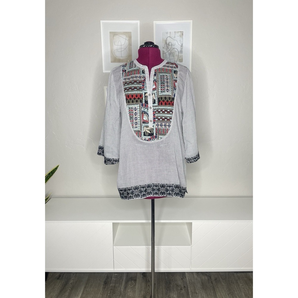 Soft Surroundings Tunic Top Women's L Gray Striped Embroidered Boho Cotton